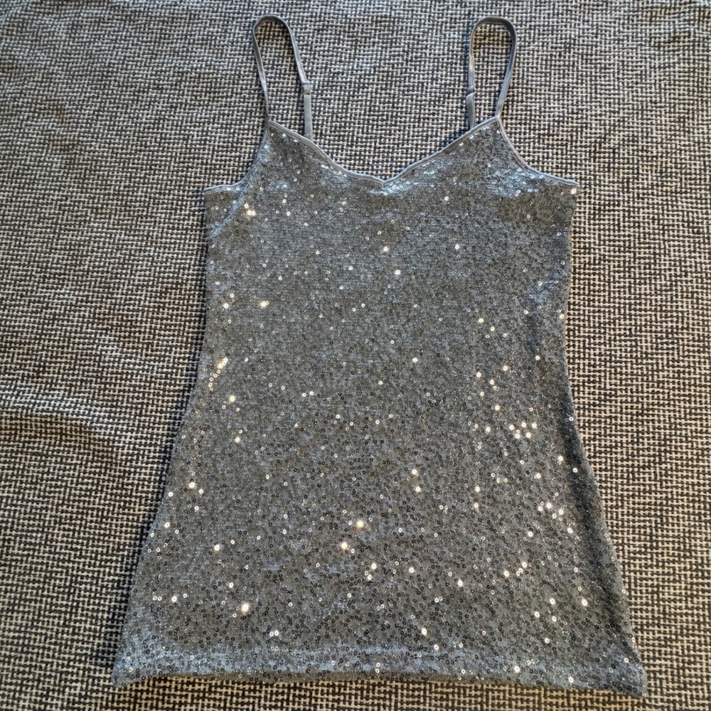 Express Silver Sequin V-Neck Cami Top with Adjustable Straps XS